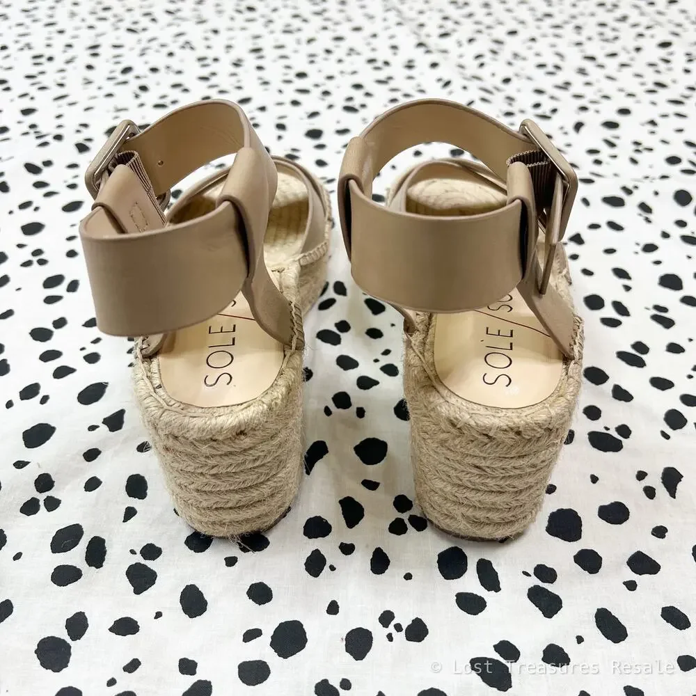 Sole Society | Audrina Platform Nude Leather Espadrille Wedge Sandals Size 7